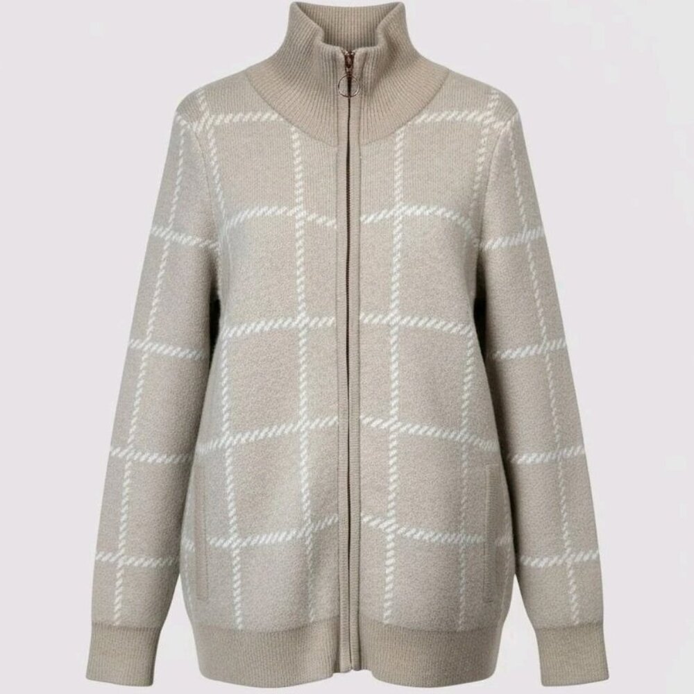 Rachel Zoe Wool Blend Tan Zip Up Mock Neck Knit Cardigan Sweater Women's Medium